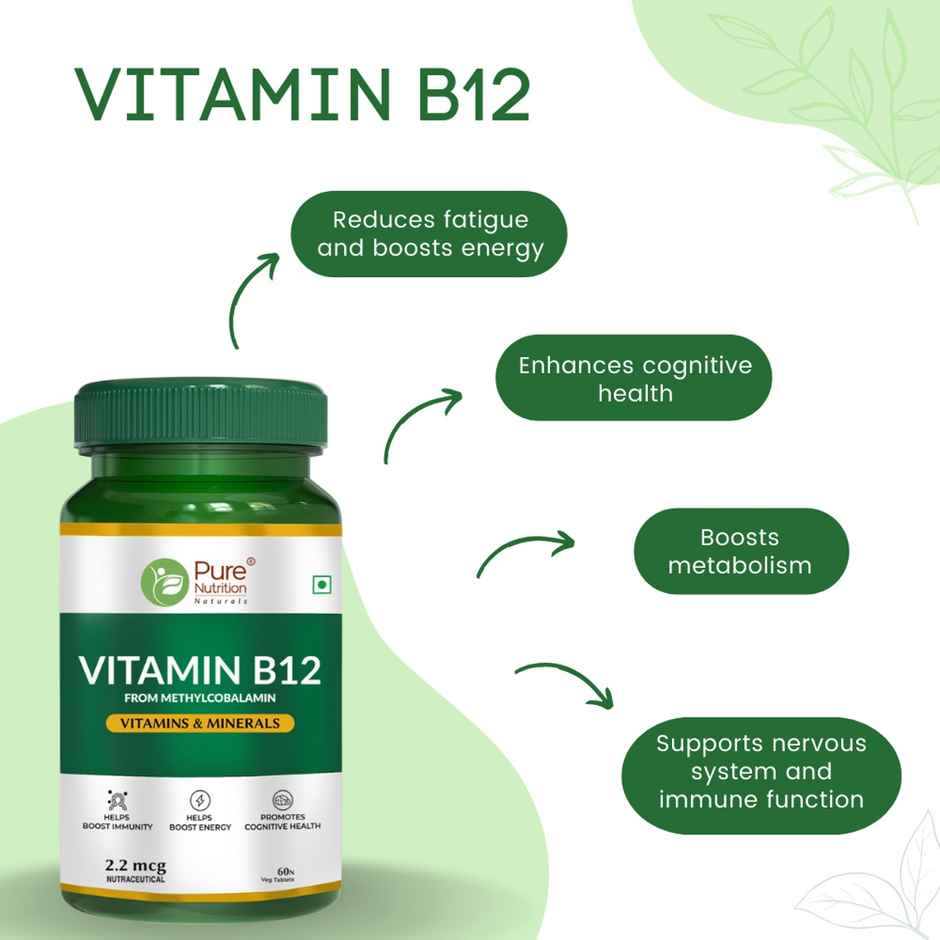 Pure Nutrition Vitamin B12 Methylcobalamin | Energy, Immunity & Brain Health | 60 Veg Tablets