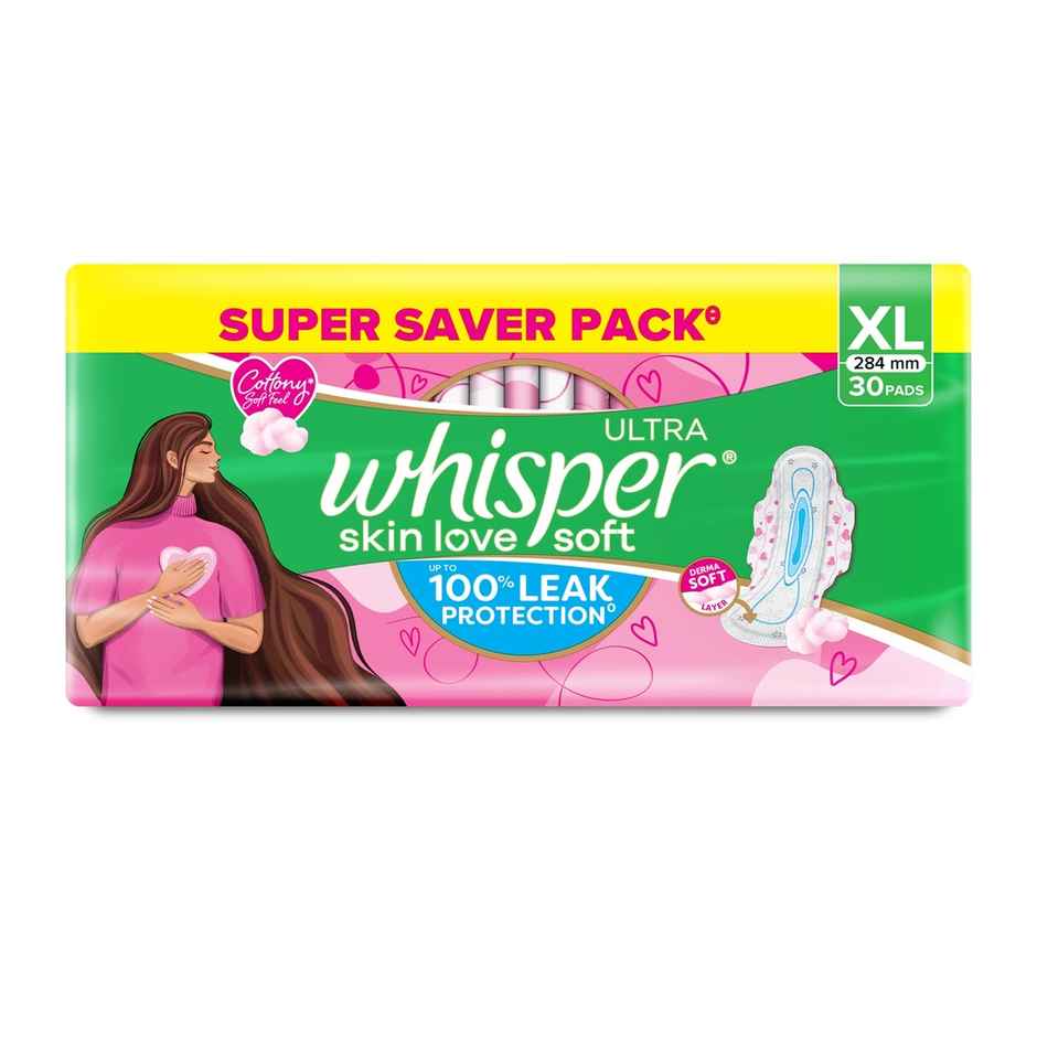 Whisper Ultra Skin Love Soft Sanitary Pads for Women, XL 30 Napkins
