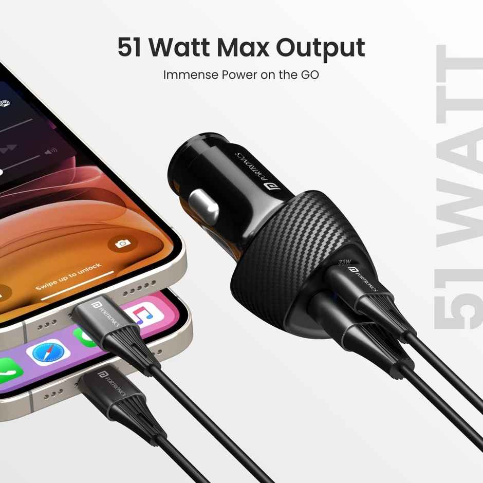 Portronics 51W Car Power 16 Fast Car Charger with Dual Output, 51 Watts Total (18W USB + 33W Type C PD), Fast Charging, Adapter for iPhone & Android Smartphones and Tablets - Black