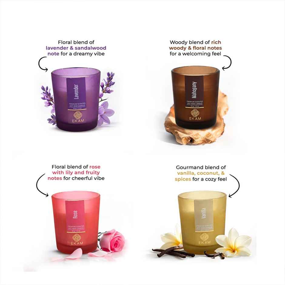 Ekam Scented Soy Votive Candle-4Pc Mahogany | Lavender | Rose | Vanilla | Home Decor