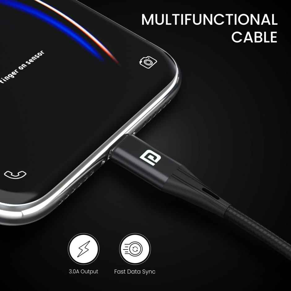 Portronics Konnect X USB to 8 Pin/Lightning Fast Charging Cable with 3A Output,Data Sync,Nylon Braided,Aluminium Alloy Shell,Compatible With iPhone 14,13,12,11,X, 8 Pro/Pro Max Series,iPad - Black