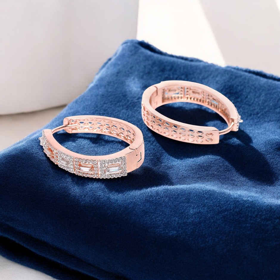 Priyaasi Quintessence Rose Gold Plated American Diamond Studded Hoop Earrings