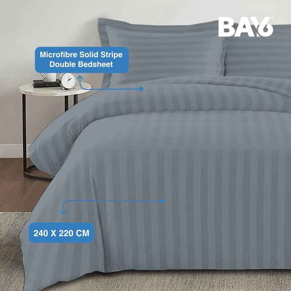 BAY6 Microfibre Solid Stripe Double Bedsheet - Grey | 220 x 240 cm + Two Pillow Covers