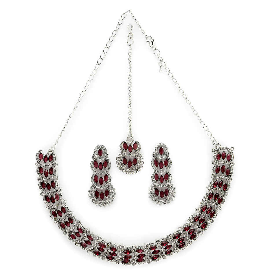 Sukkhi Beguiling Rhodium Plated Maroon Stone Studded Choker Necklace Set