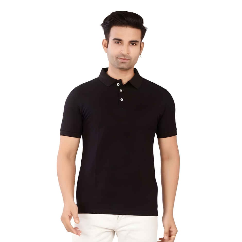 EQL Men's Cotton Solid Lightweight & Breathable Polo T-shirt | Black - S