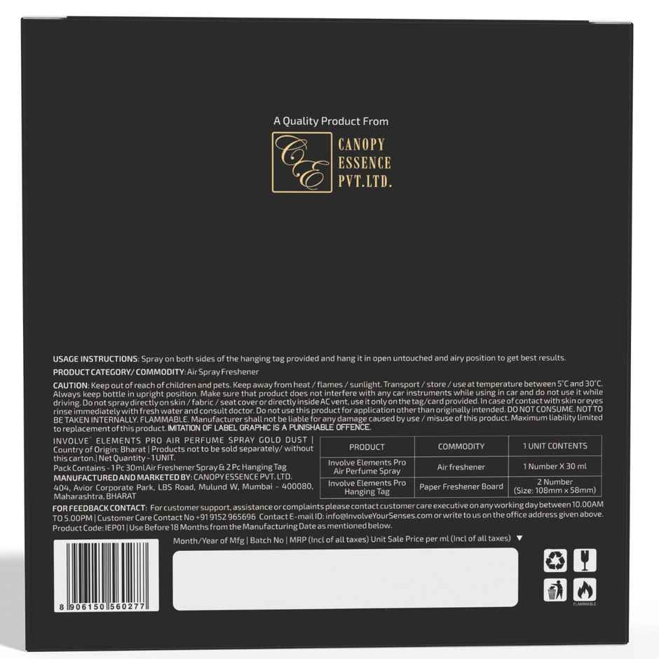 Involve Your Senses Elements Pro- Meteor Shower Refreshing Car Perfume Spray With Hanging Card