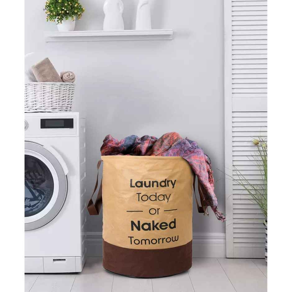 Kuber Industries Foldable Bin & 45 Liter Waterproof Round Non Wovan Laundry Bag (Beige & Brown)