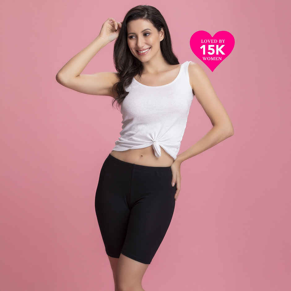 Clovia Cotton Mid Waist Cycling Shorts With Inner Elastic | Black | S