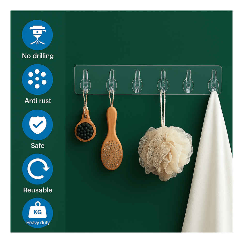 Zulaxy Adhesive & Transparent Wall Hanger Hooks for Hanging Clothes | 6 Hooks Hanger