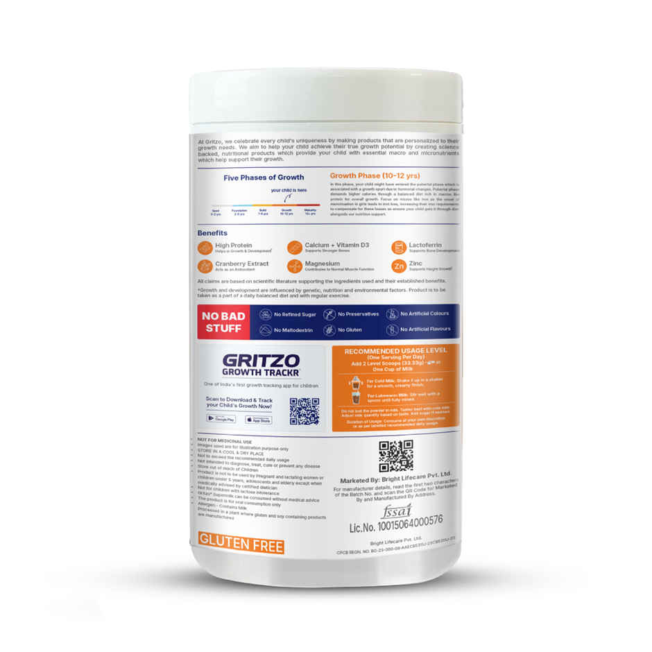 Gritzo Super Milk Growth+ | 10-12y Girls | 12g Protein Powder | Double Chocolate