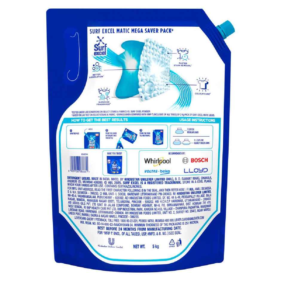 Surf Excel Matic Top Load Detergent Liquid | Pouch (5L) & Comfort Morning Fresh After Wash Fabric Conditioner (2L) & Vim Dishwash Liquid | Removes 100+ Odours & Grease In 1 Wash (3.2L) & Domex Ocean Fresh Toilet Cleaner Liquid (1L) & Vim Lavendar Ultrapro Floor Cleaner | Pouch (1.8L) Combo 