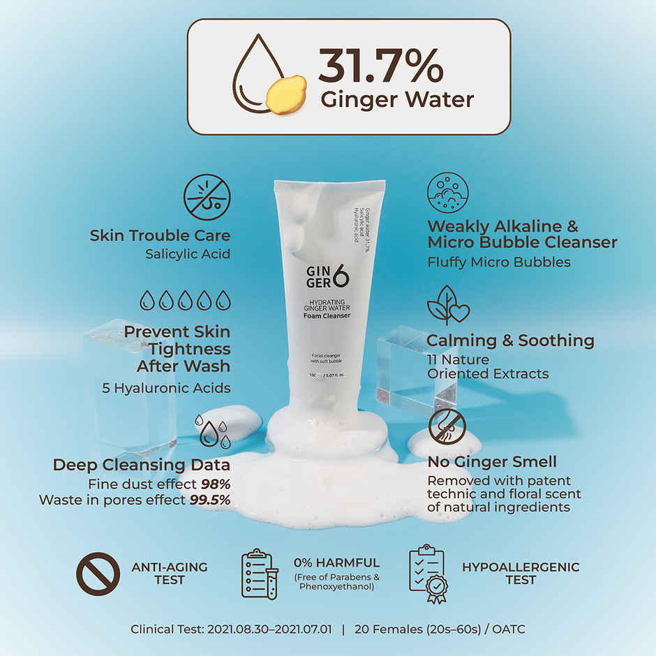 GINGER6 Hydrating Foam Cleanser | 31.7% Ginger Water, Salicylic Acid, Acne Care, HA Hydration