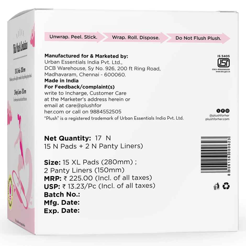 Plush Ultra Thin Sanitary Pads | XL | 15 pcs