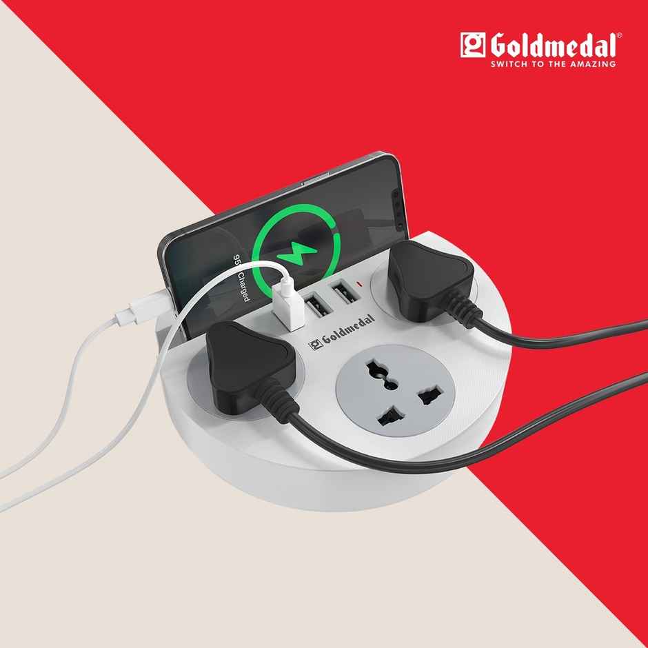 Gold Medal Zippo 1.5-Meter Extension Cord | 3 USB Charging Ports & Mobile Holder | Master Switch with Indicator | 3 Universal Sockets | Compatible with All Devices