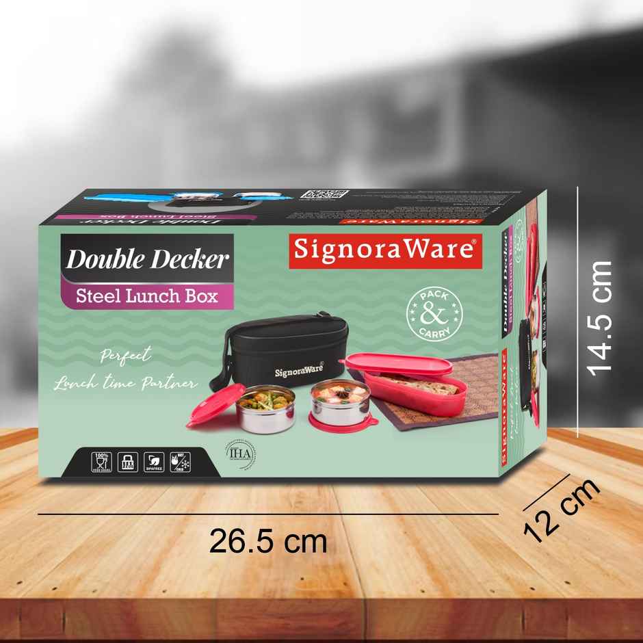 Signoraware Double Decker Steel Lunch Box Food Grade Stainless Steel Red