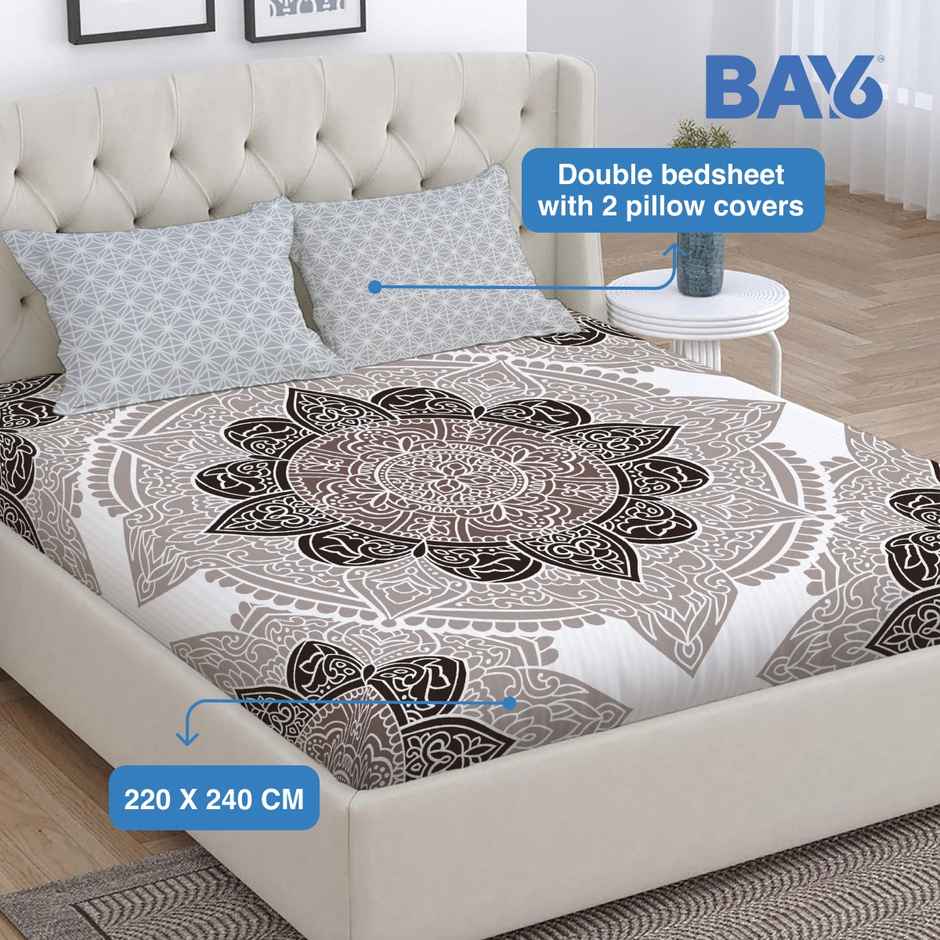 BAY6 Microfibre Jaipuri Print Double Bedsheet | Beige | With Two Pillow Covers | 87 x 94 in