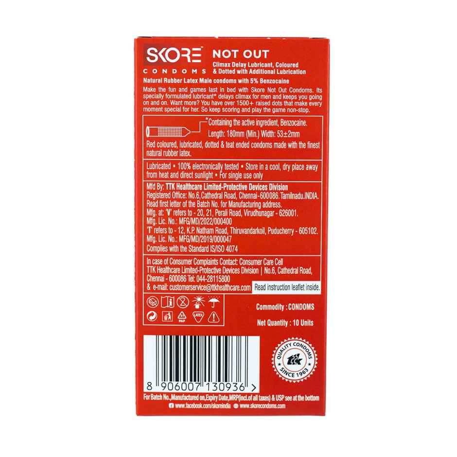Skore Not Out Condoms - Climax Delay & Dotted (10pc) & Skore Lubes - Strawberry Flavour (50ml) Combo