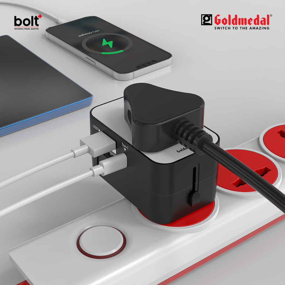 Goldmedal Bolt Plus Universal Travel Adaptor | 2 Type-A & 1 Type-C USB Ports | Black & White
