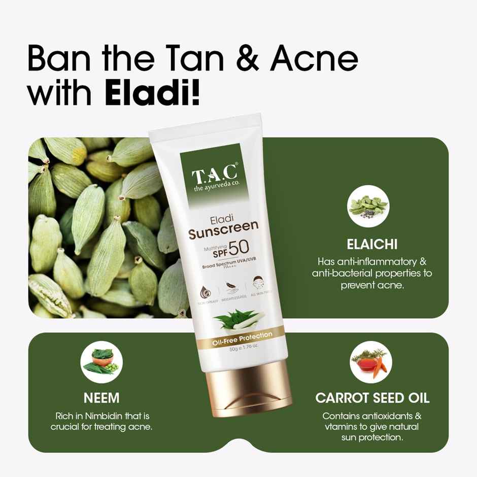 TAC Eladi Sunscreen SPF 50 PA+++ Mattifying, Invisible, No White Cast, Oily Skin