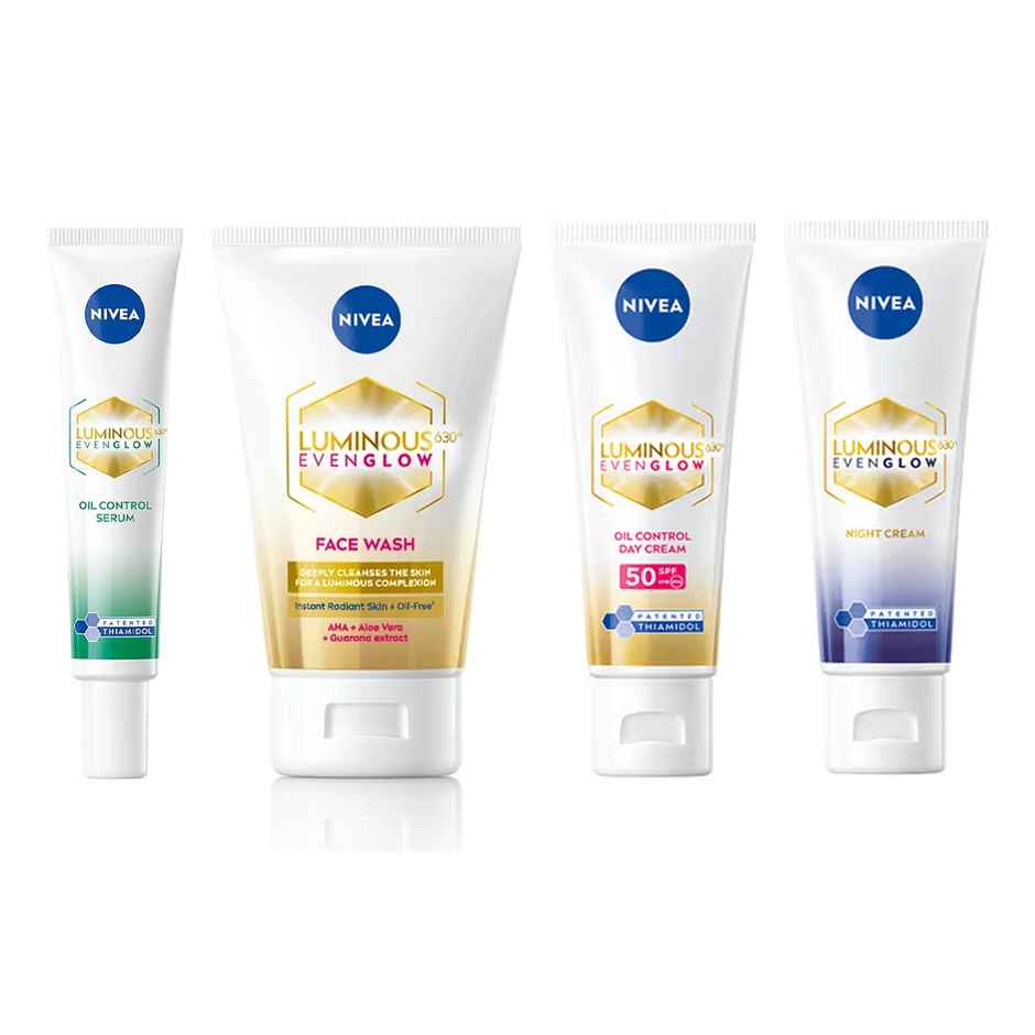 Nivea Luminous Even Glow Oil Control Serum| Thiamidol, Salicylic, Hyaluronic Acid| Reduces Dark Spot (40ml) & Nivea Luminous Even Glow Face Wash | Oil Free Formula, Aha, Aloe Vera, Guarana Extract | Deep Clean (100ml) & Nivea Luminous Even Glow Oil Control Day Cream Spf 50,Thiamidol |Uv Protection & Reduces Dark Spots (40ml) & Nivea Luminous Even Glow Night Cream |Thiamidol & Hyaluronic Acid |Moisturizes & Reduces Dark Spots (40ml) Combo