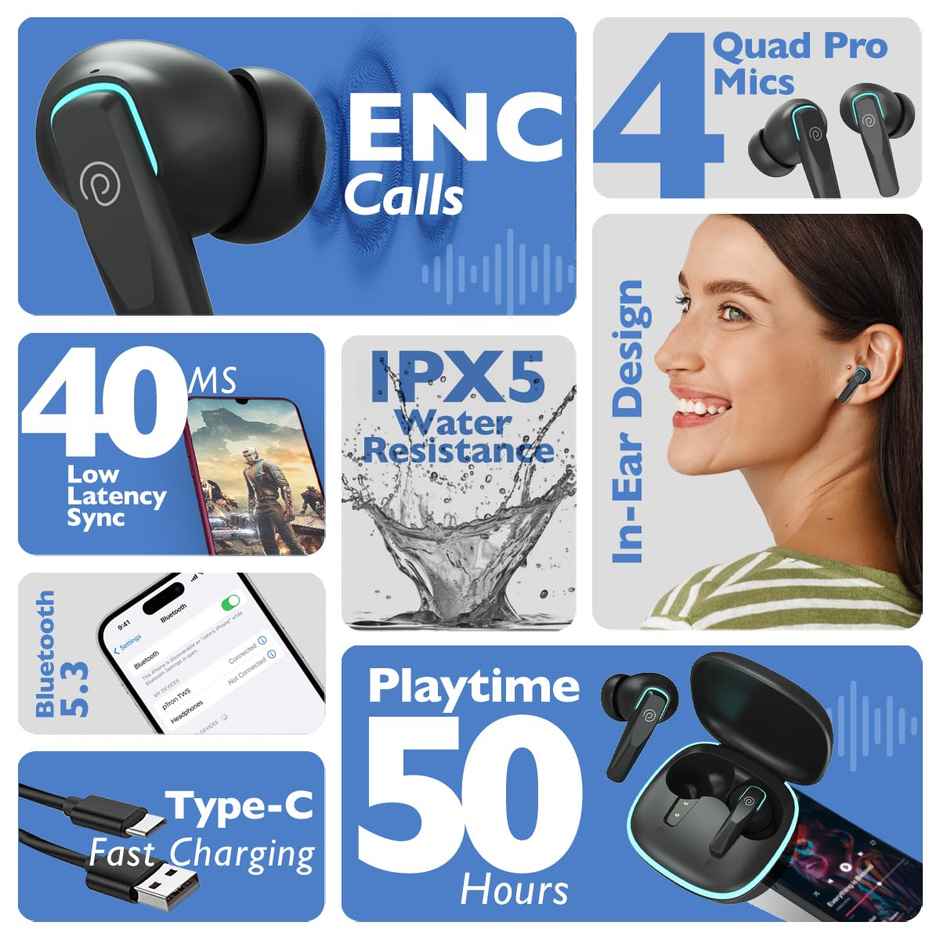 pTron Zenbuds Evo X2 TWS Earbuds | 4 Mic & ENC Calls | 50H Playtime | 40 ms Movie/Music Modes - Black