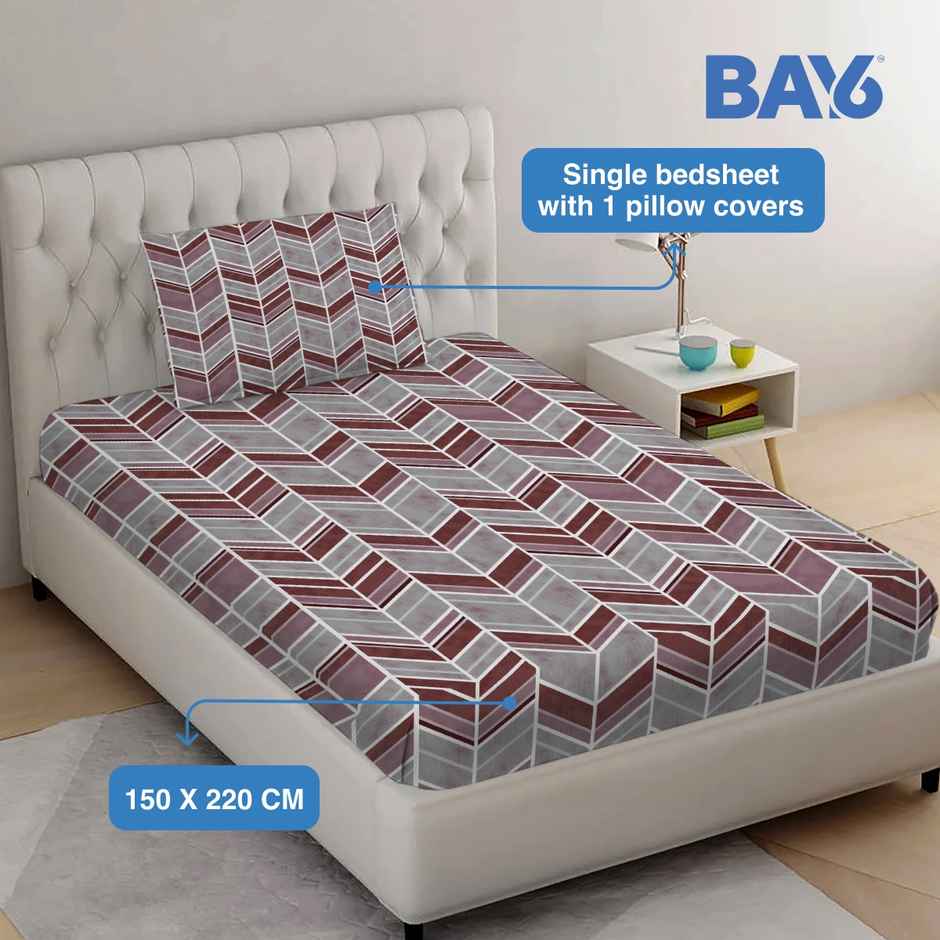 BAY6 Single Microfibre Geometric Print Bedsheet | With Pillow Cover | Maroon & Grey | 59 x 87 in