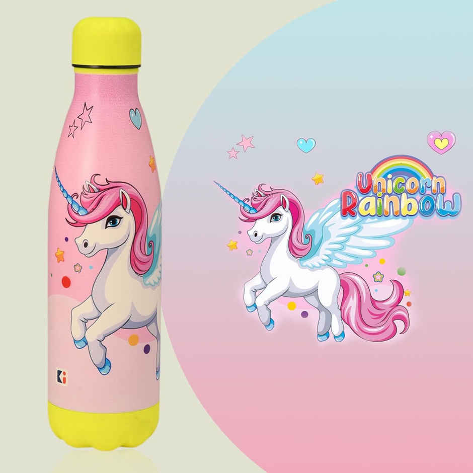 Kuber Industries Unicorn Rainbow 500 ml Insulated Sipper Water Bottle with 2 Lids & Straw | Pink