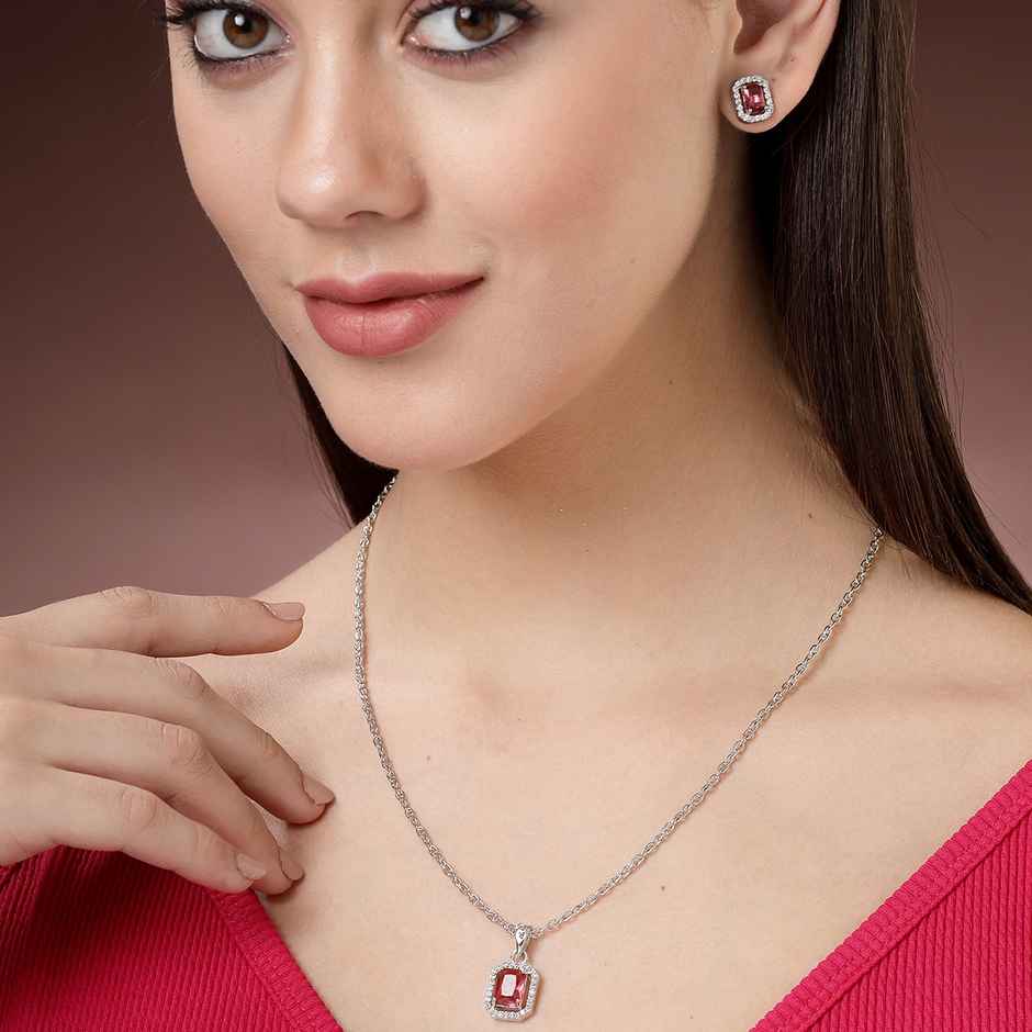 Zeneme Rhodium Plated AD Studded Luxe Sparkle Princess Cut Necklace and Earrings For Women & Girls