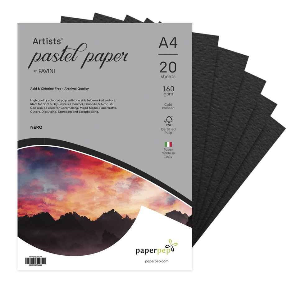 Paperpep Artists Pastel Papers 160Gsm A4 Nero - Black - Unicolor Pack Of 20 Sheets
