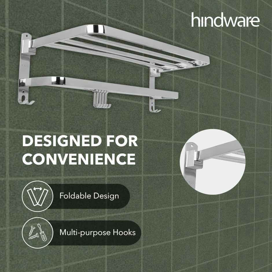 Hindware Stainless Steel Folding Towel Rack And Shelf For Bathroom| With Chrome Finish
