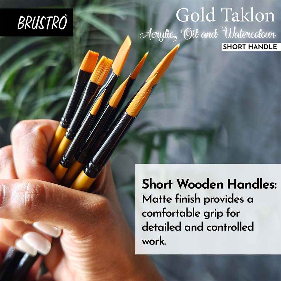 Brustro Artists Gold Taklon Short Handle Brushes | Set Of 8