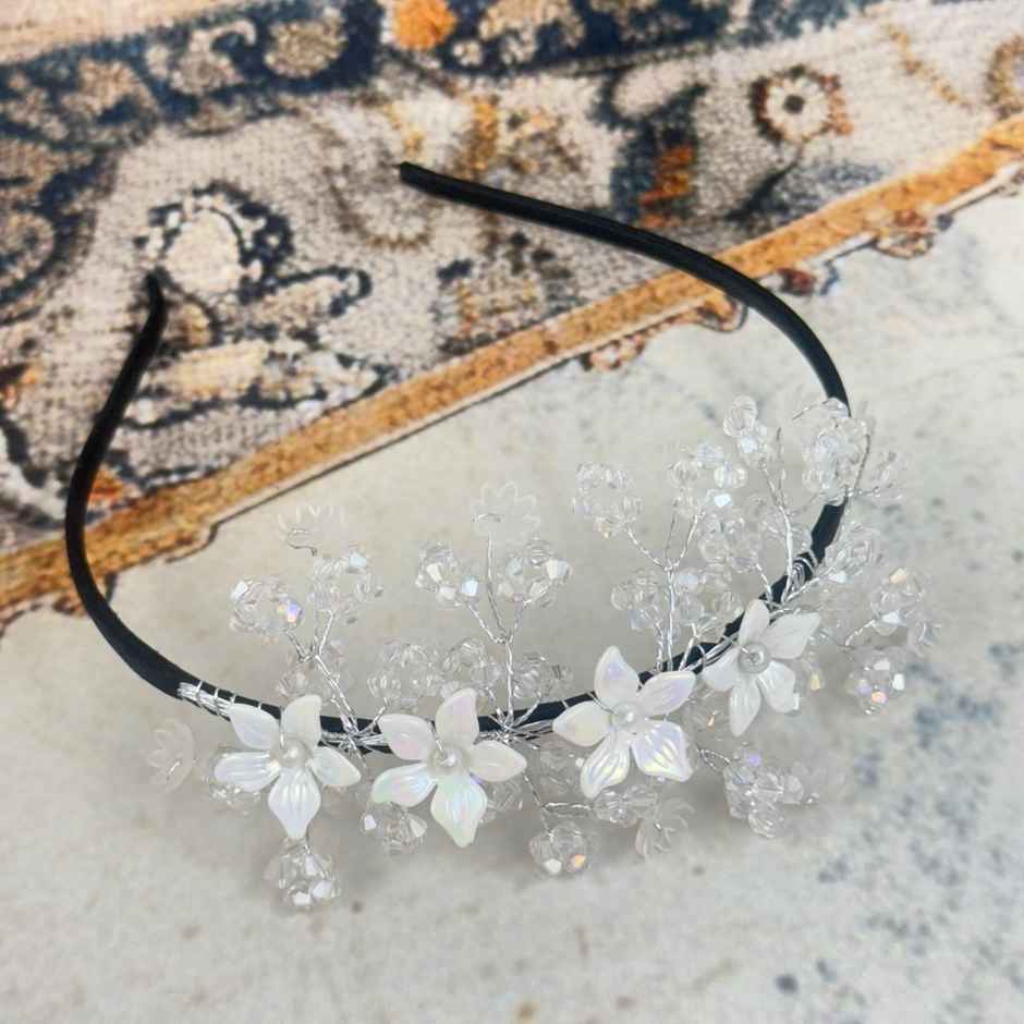 The Opal Factory Hair Accessories | Crystal Flower Hair Band for Girls | Black