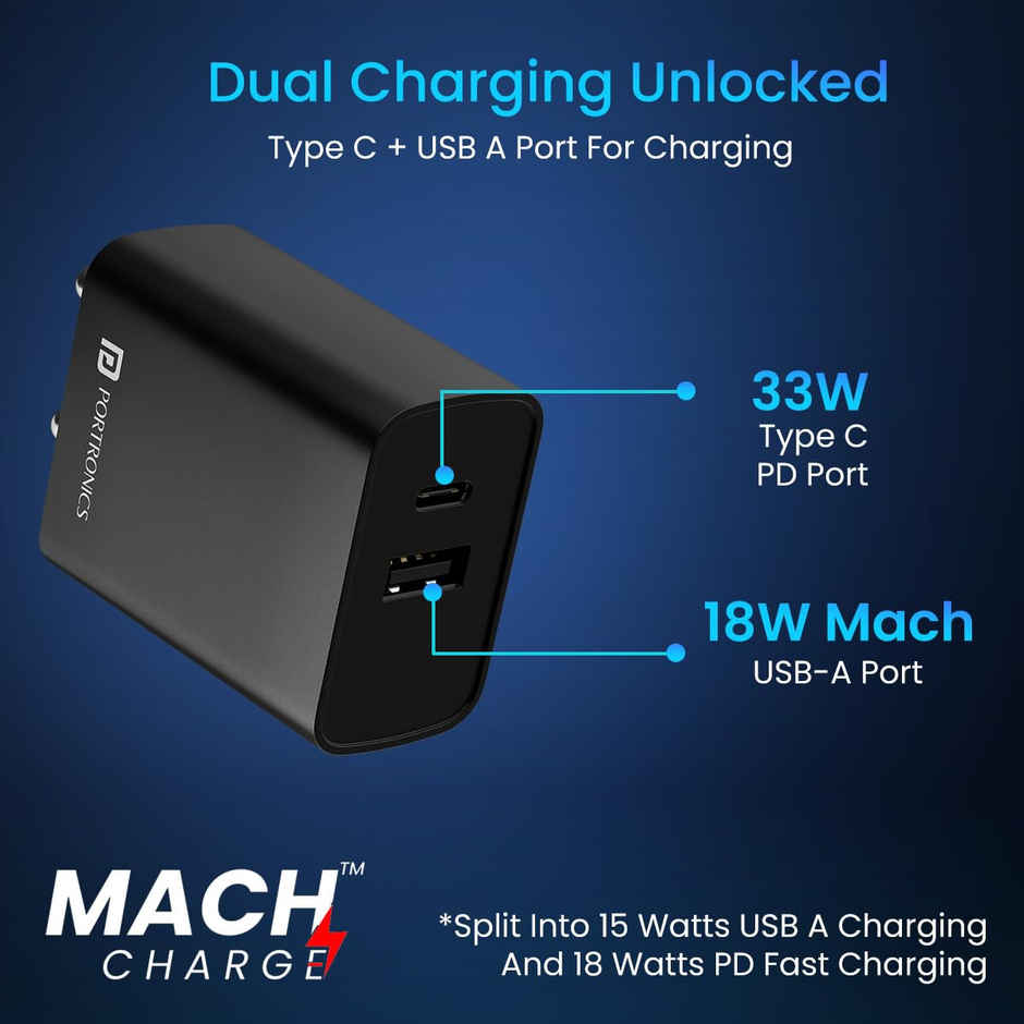 Portronics Adapto 70 - 33W Adapter with Dual Output | Black