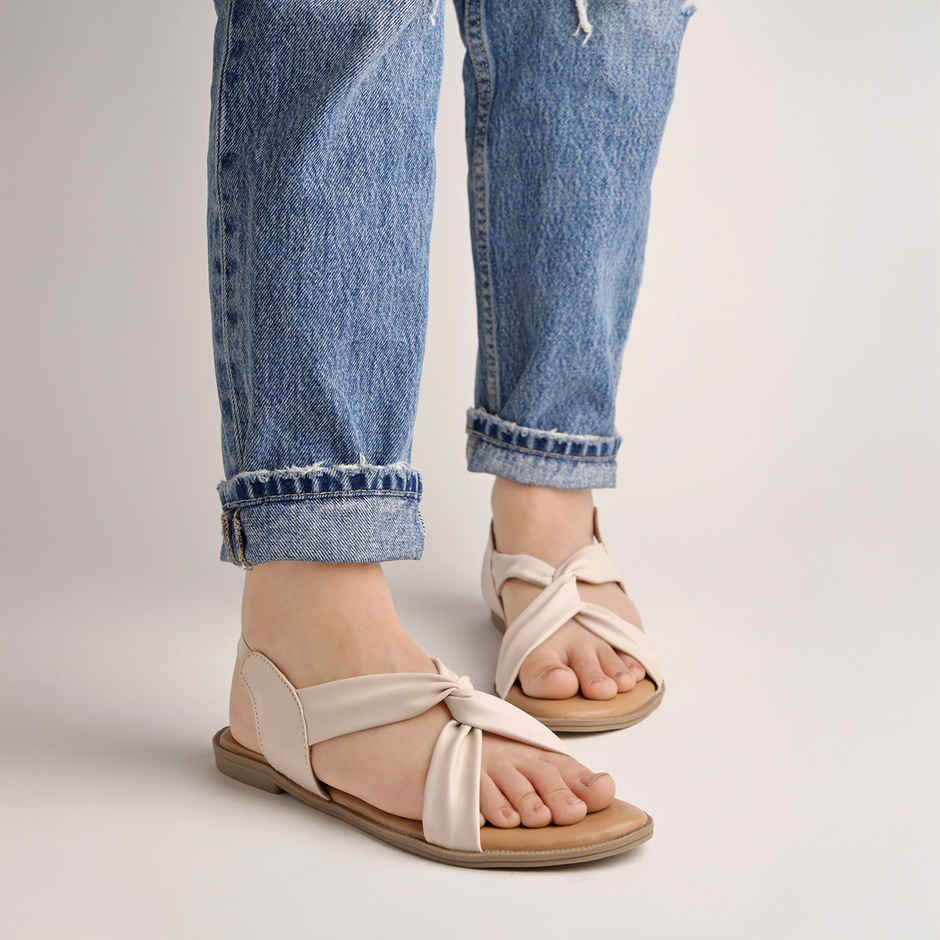 Shoetopia Cross Strap Cream Flat Sandals For Women | UK 8