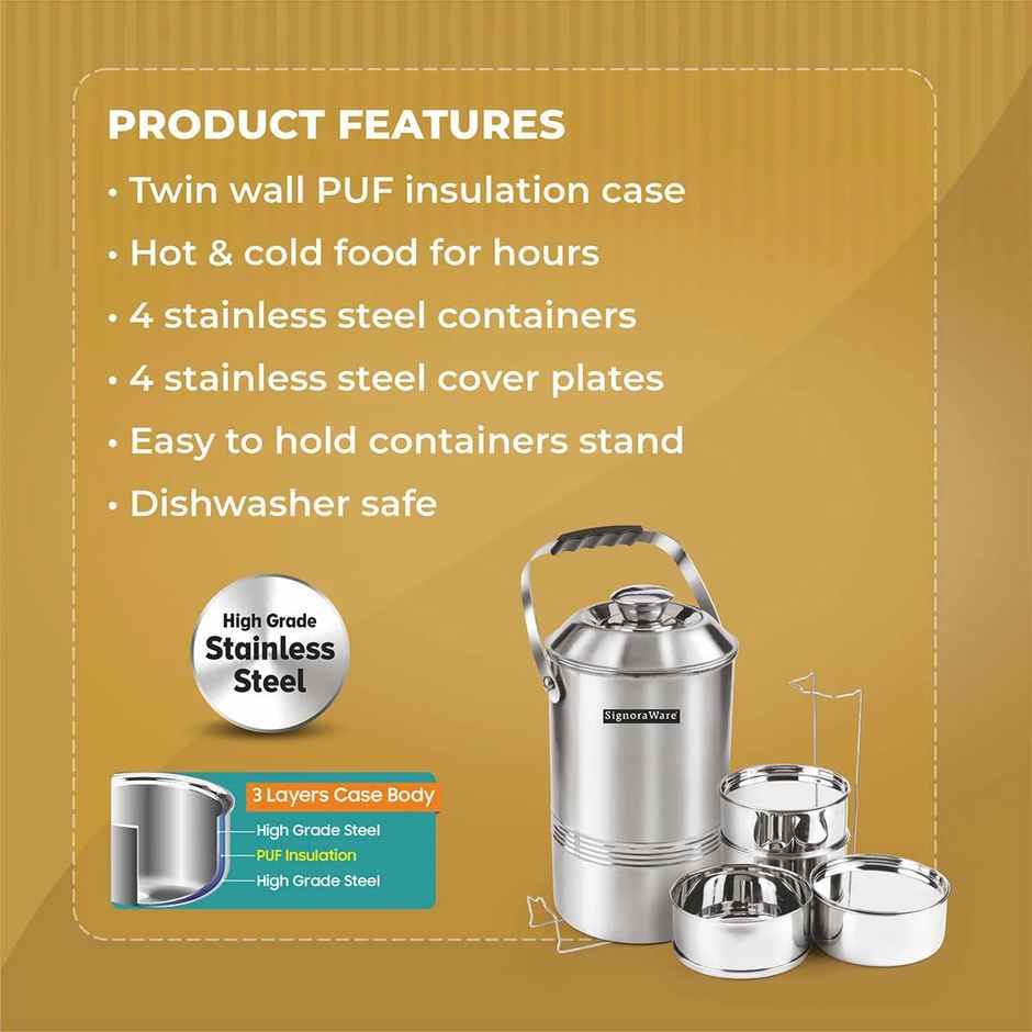 SignoraWare Hot Vault High Quality Steel Lunch Box | set of 4 containers & case| 450ml x 4