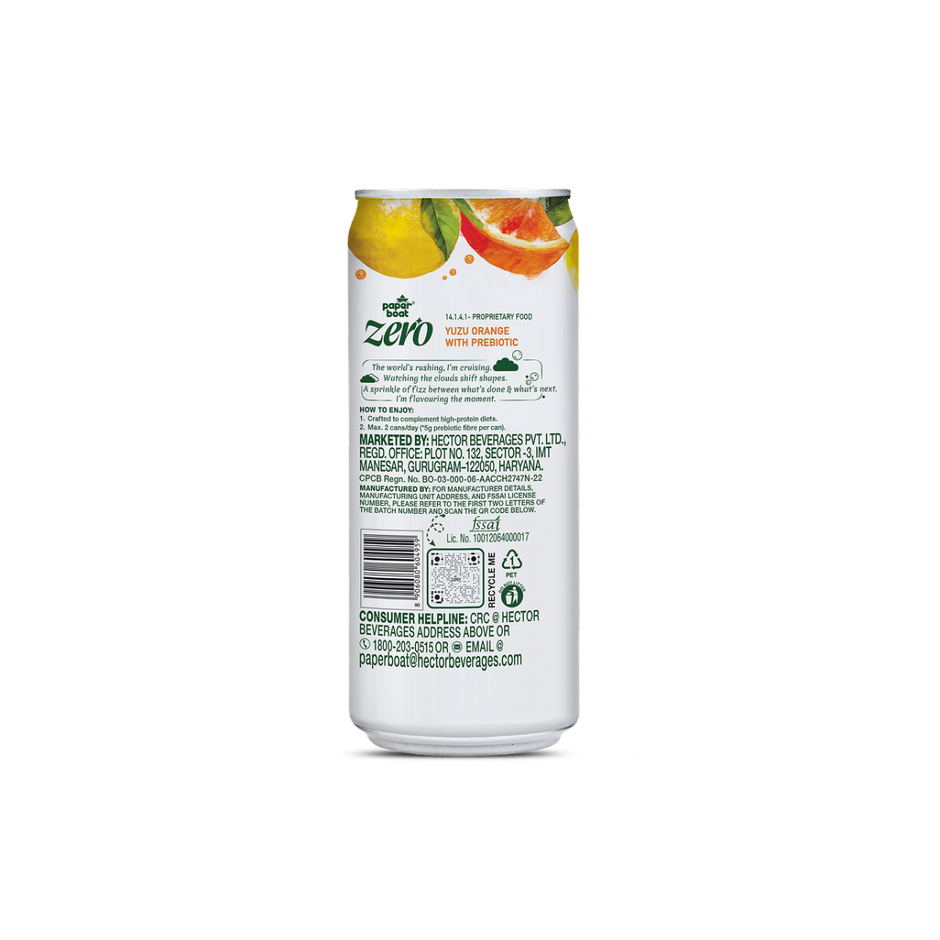 Paper Boat Zero Prebiotic Soda Yuzu Orange, 5g Fibre, Caffeinated Sugar Free Cold Drink
