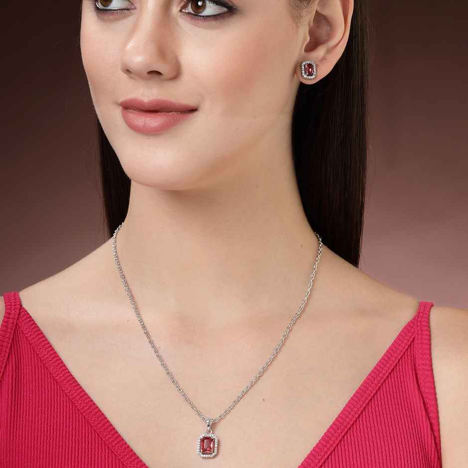 Zeneme Rhodium Plated AD Studded Luxe Sparkle Princess Cut Necklace and Earrings For Women & Girls