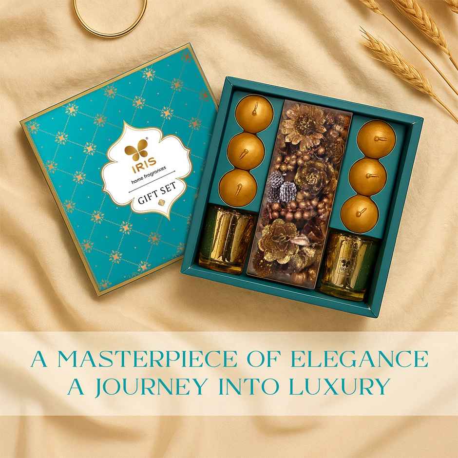 Candles and Potpourri Decor Gift Box - Gold Musk Fragrance | Diwali Gift Hamper | Iris