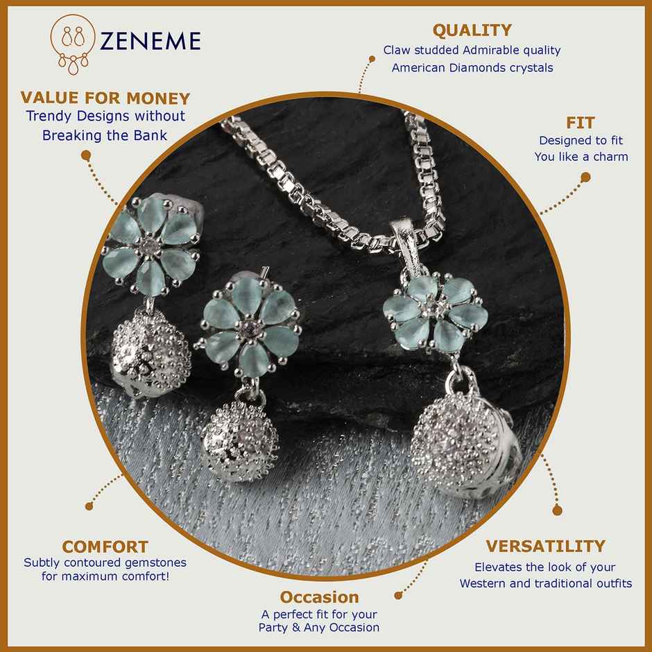Zeneme Rhodium-Plated Sea Green CZ-AD Floral Cute Pendant Earrings Jewellery Set For Women & Girl