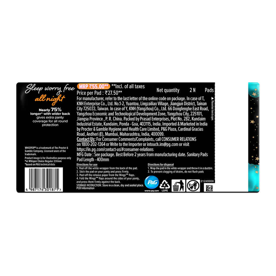 Whisper Bindazzz Nights 2 Sanitary Pads, Upto 0% Leaks All Night Long | XXXL | 2 pcs