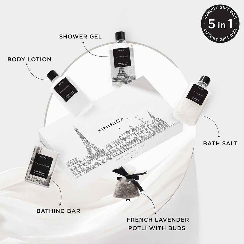 Kimirica French Note Indulgence Set | Lavender-Infused Bath & Skincare Essentials | Unisex Gift Set
