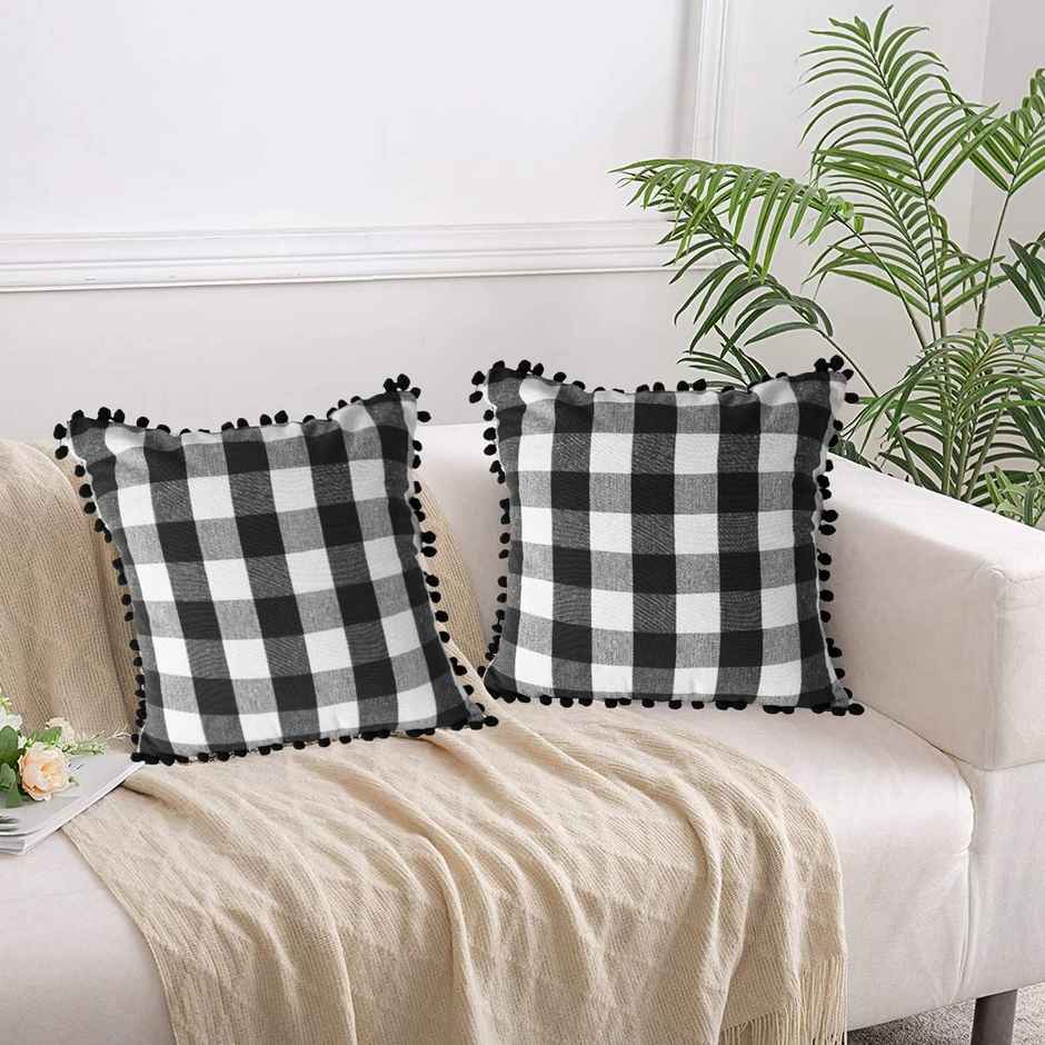 Lushomes Cushion Covers - Black and White Checks | Cotton | 18 x 18 inch | With Pom Pom