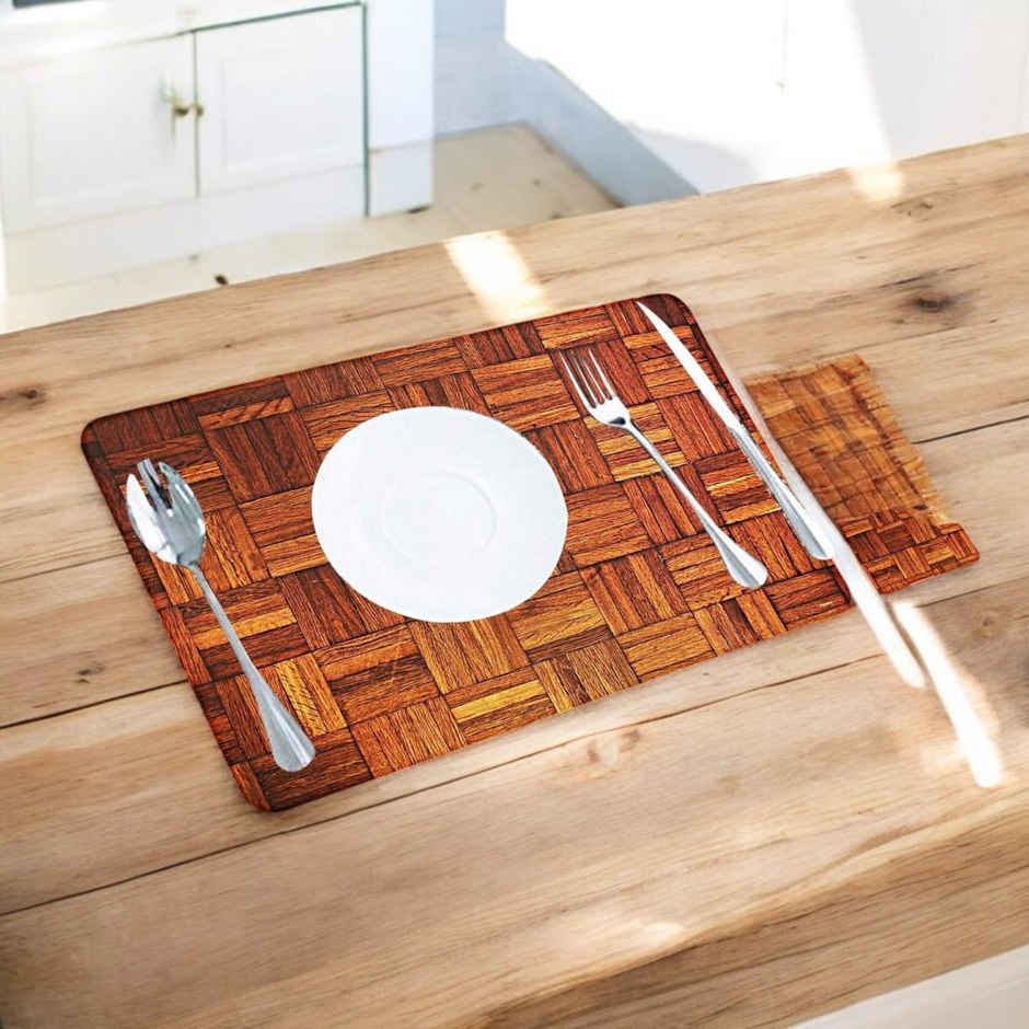 Kuber Industries PVC Wooden Design Dining Table Placemat Set with Tea Coasters | 6 pcs | Brown