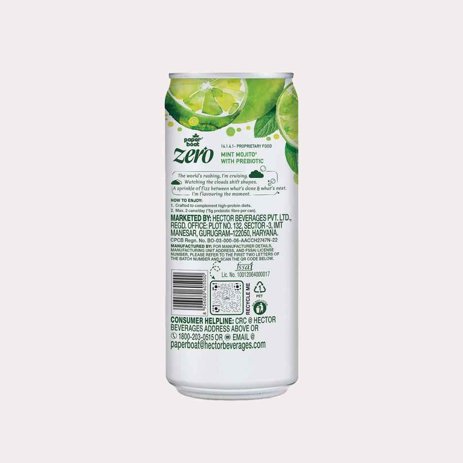 Paper Boat Zero Prebiotic Soda Mint Mojito, 5g Fibre, Caffeinated Sugar Free Cold Drink