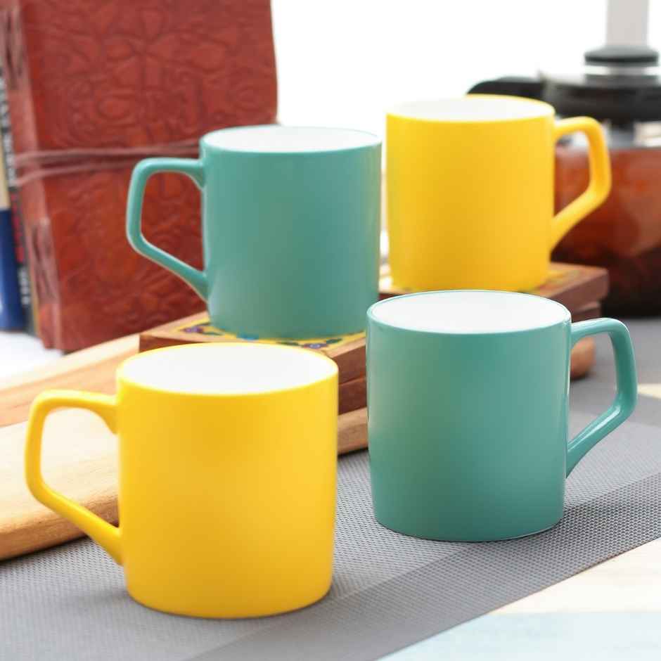 Clay Craft Fine Ceramic Director Coffee Mug Set | Set Of 4 | Teal and Yellow