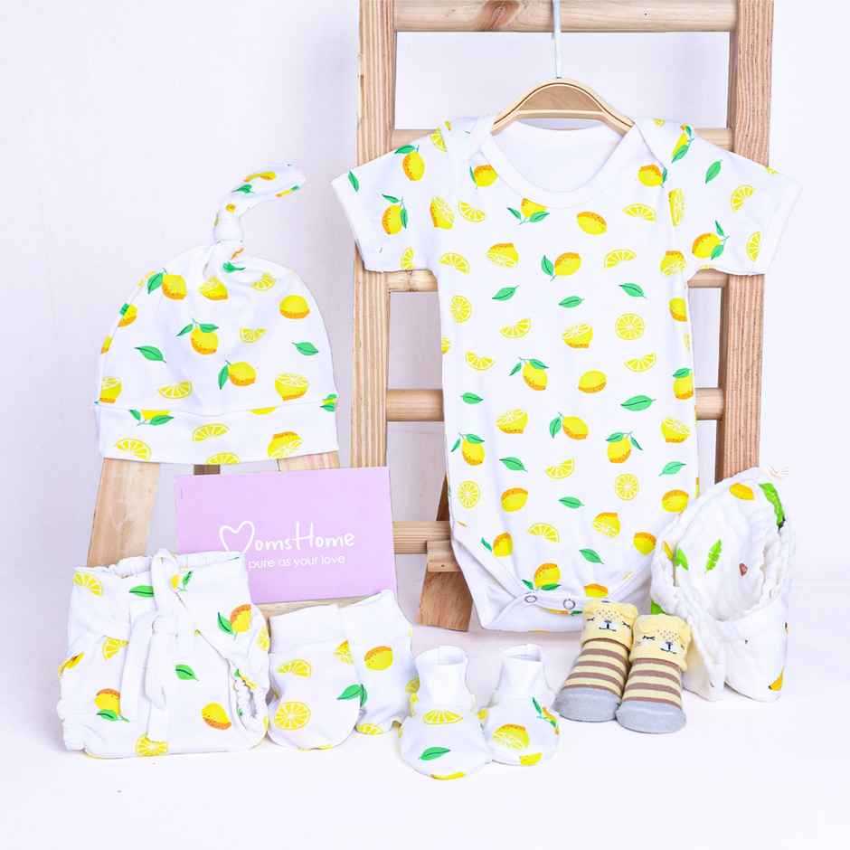Moms Home Organic Cotton New Born Baby Summer Set | 0-3 Months | 7 Items | Lemon