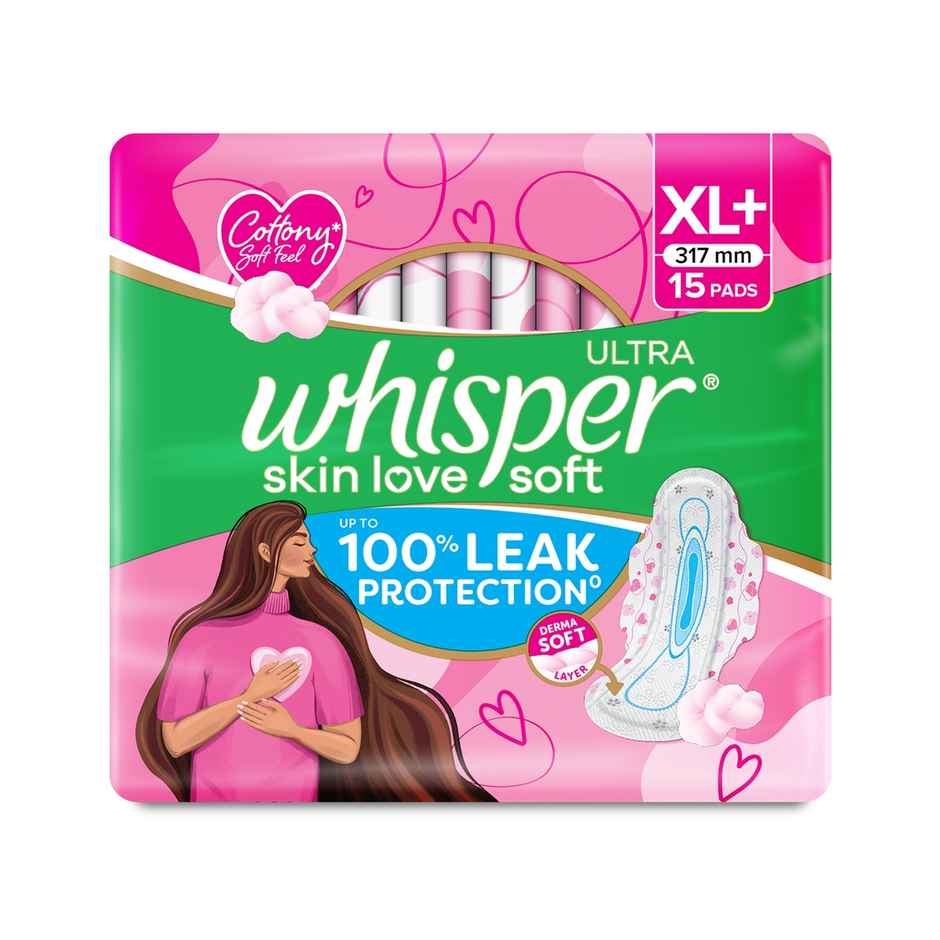 Whisper Ultra Skin Love Soft Sanitary Pads for Women, XL+ 15 Napkins