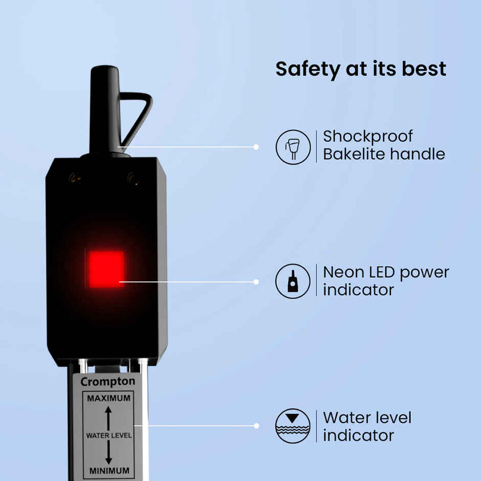 Crompton 1500W Immersion Rod Water Heater, Copper Heating Element Shock Proof Backalite Handle, Water level indicator,Neon lamp Indicator - Black