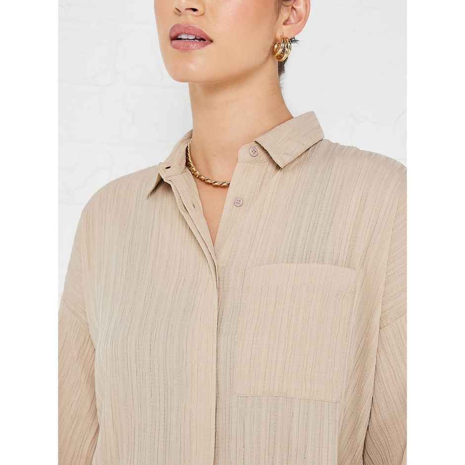 Styli Women's Longline Shirt with Oversized Fit, Roll-up Sleeves and Crepe Fabric | Green - XS