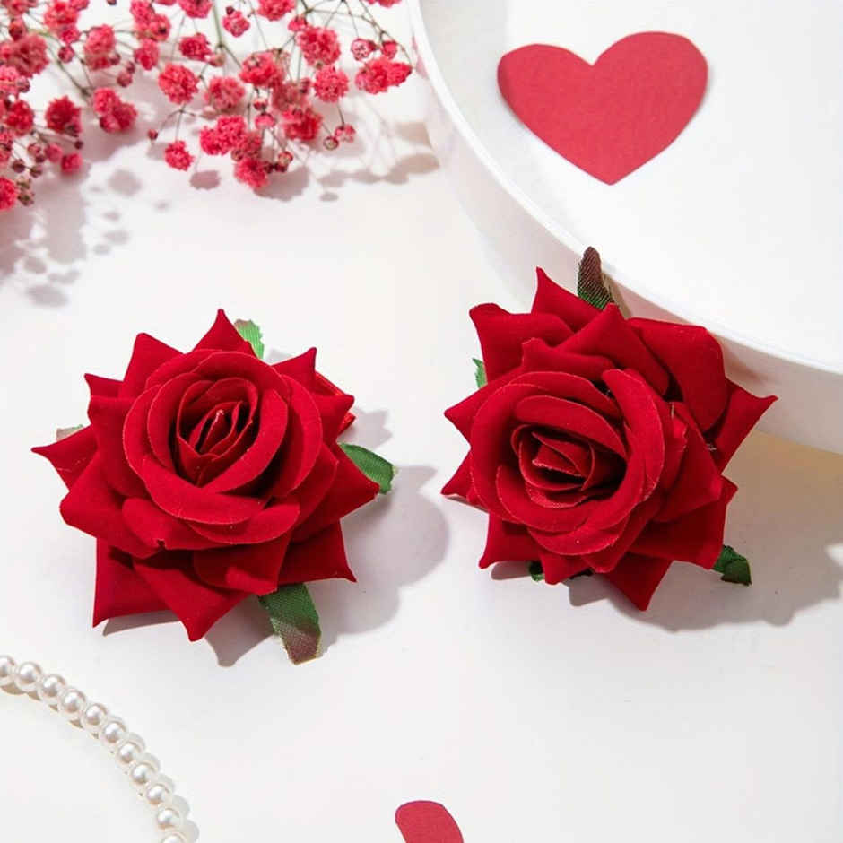 Chronex 2 Pcs Red Rose Flower Hair Clips | Non Slip Clip Hair Accessories | Red